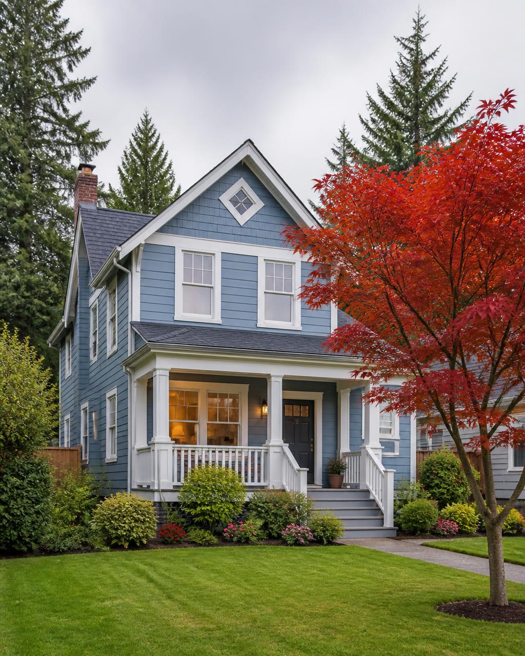 Two-story Pacific Northwest home with a front porch and maple tree